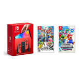 Nintendo Switch Oled Red 64gb+juegos Smash Bros Mario Wonder