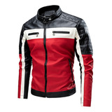 Chaqueta Casual De Piel Con Bloques De Colores Para Motocicl