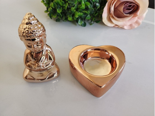 Kit Enfeite Cerâmica 2 Peças Buda E Castiçal Coração Cores 