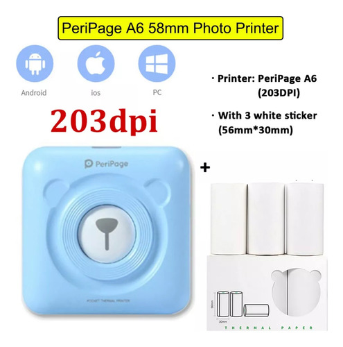 Mini Printer Peripage A6 Con 55 Rollos 