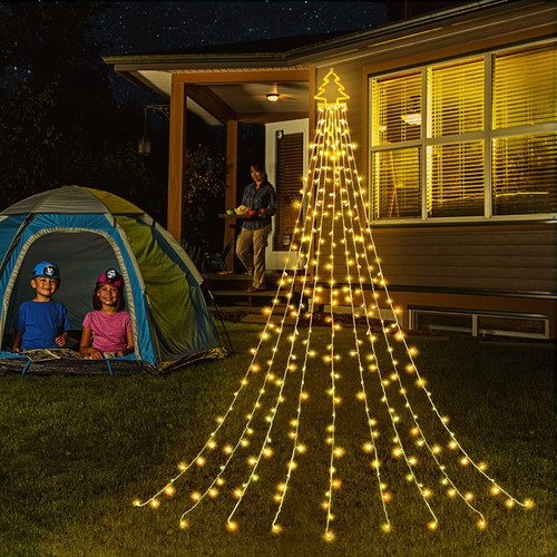Luces Cascada De Arbol Navidad Con Estrella Solar De Colores