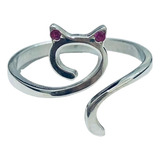 Anel Gato Em Prata 925 Ajustável Com Pedra Zircônia Rosa