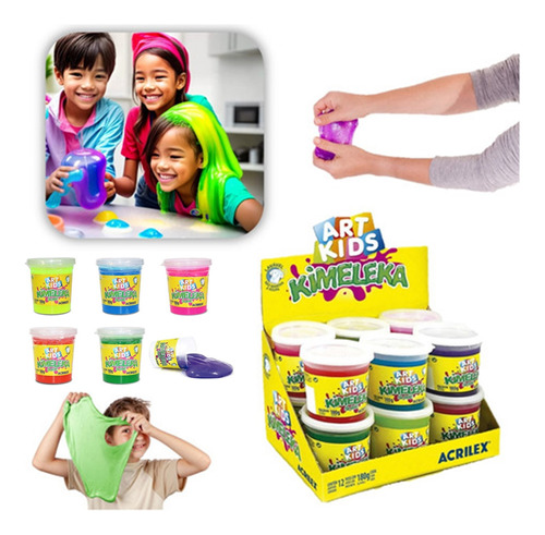 Kit 3 Slime Puxa Puxa Cores Diversas 180g Kimeleka Acrilex