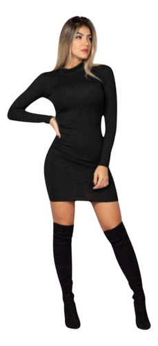 Vestido Tubinho Preto Colado Gola Alta Básico Inverno Gringa