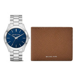 Set Michael Kors Slim Runway Color Plata Mk1060set E-watch Color De La Correa Plateado Color Del Fondo Azul