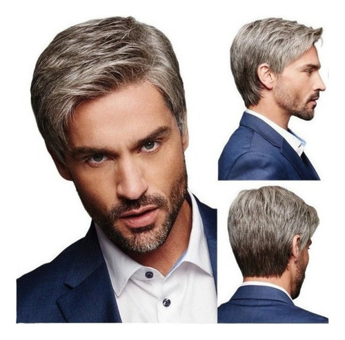 Peluca Corta, Recta, Gris Degradado, Para Hombre