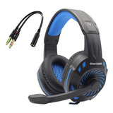 Combo Auricular Gamer Mts-floss + Adaptador De Audio 2 En 1 Color Azul