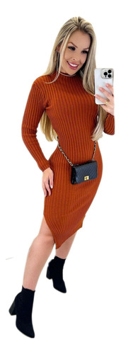 Vestido Feminino Manga Longa Inverno Midi Tricot Tubinho 