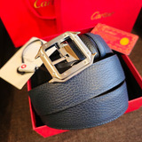 Cinturón Cartier Santos Plata En Piel Azul Reversible Negro