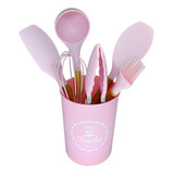 Conjunto De Utensílios 7 Peças - Rosa Silicone - Madeira