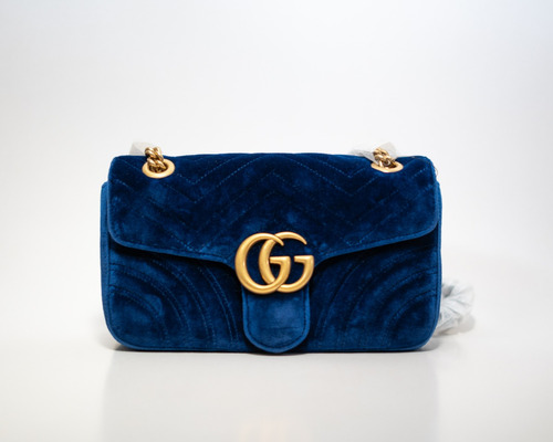 Bolso Gucci Pequeña Marmont  Terciopelo Azul Certif Entrupy 