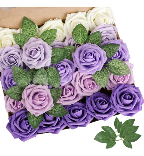 Flores Artificiales, Rosa Morada, 25 Piezas De Rosas Falsas