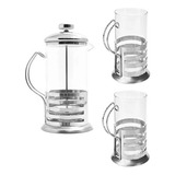 Combo Set Cafetera Vidrio Metal Embolo 350ml + 2 Jarros Cafe