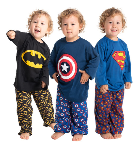 Kit 3 Pijama Infantil Longo Super Heróis Menino Promoção