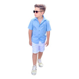 Roupa Social Infantil Menino - Manga Curta - Azul Com Branco