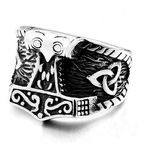 Anillo Vikingo Odín Thor Color Plata Acero Inoxidable Hombre