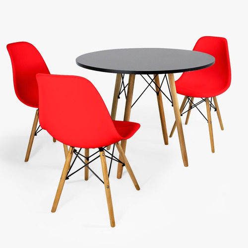 Mesa 80 Cm Jantar Redonda Preta 3 Cadeiras Eames Pés Madeira