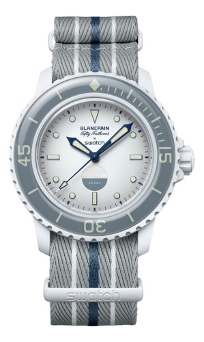 Reloj Swatch X Blancpain Antartic Ocean Edicion Especial Correa Gris Bisel Gris Fondo Blanco