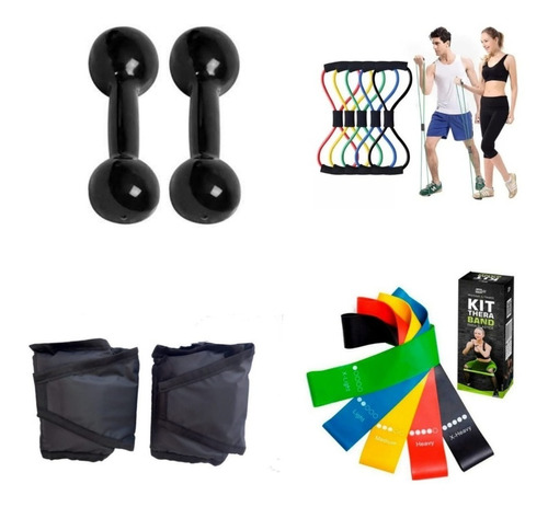 Par Halter 1 Kg+ Caneleira 1 Kg+ Kit 5 Theraband+ Elástico Cor Preto