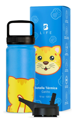 Termo De Agua Para Niños 18oz Con Popote Y Asa, B Life Gato