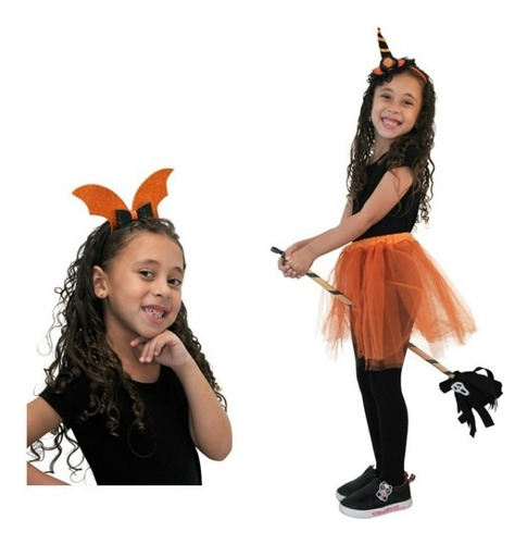 Kit Fantasia Halloween Bruxa Infantil Tiara Varinha Vassoura