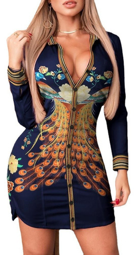 Vestido Camisero Sexy De Manga Larga Con Estampado De Fénix