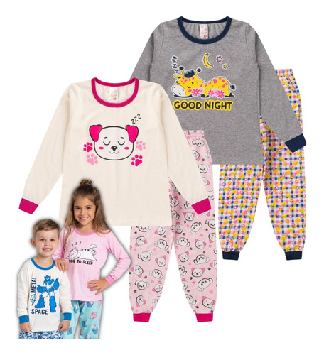 Kit 2 Pijamas Infantil Menina Feminino Algodão Inverno