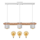 Lampara Colgante 3 Luces Tachos Madera Nordico + 3 Globo Led