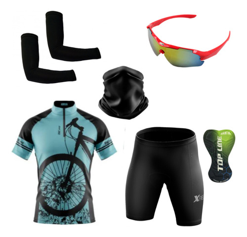 Conjunto Roupas Ciclismo C/ Bermuda Gel + Acessórios