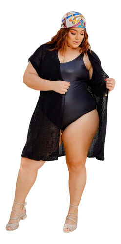 Saida De Praia Colete Plus Size Aberto Tricot Tricô Premium