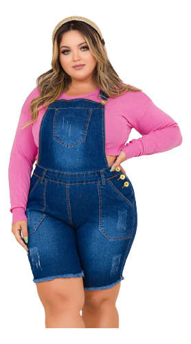 Jardineira Jeans Com Lycra Modinha Plus Size 