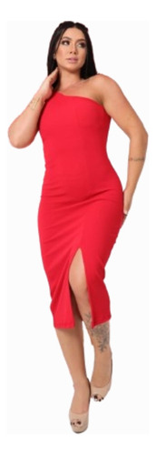 Vestido Midi Plus Size Ombro Único Com Fenda Do G Ao G4 