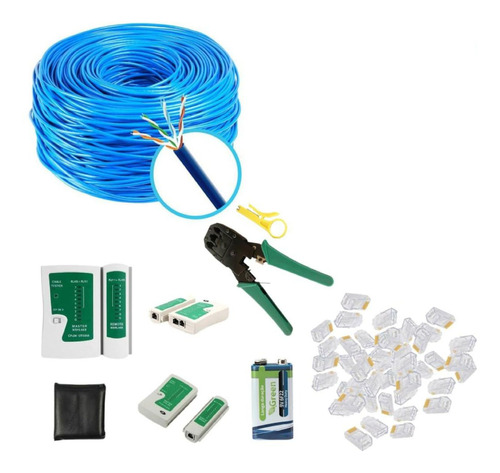 Kit 50m Cabo Rede +20 Rj45 + Alicate + Testador Cabo+bateria