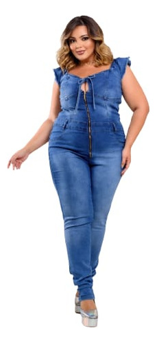 Macacão Ciganinha Longo Jeans Feminino Plus Size Arraso Conf