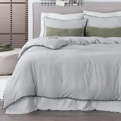 Funda De Edredón Duvet Matrimonial Xl Micro-luxe Esquimal Con Pompones Y Fundas De Almohada Gris Claro | Microfibra Tipo Lino Prelavado Liso