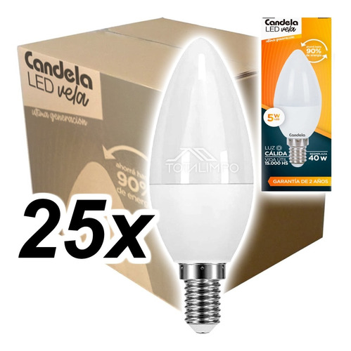 25 Lámparas Led Vela E14 5w (40w) Cálida Candela 6795 Cuota