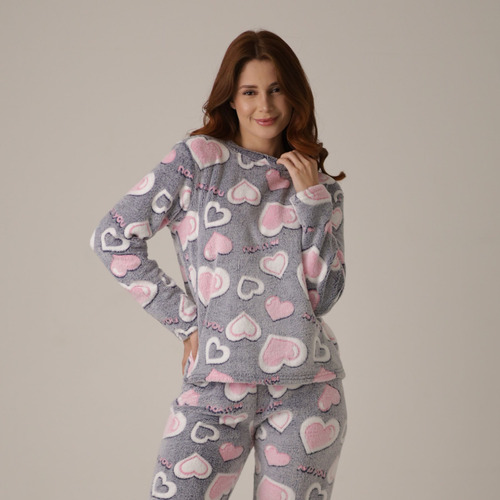 Pijama Feminino Fleece Peludinho Ted Inverno Fechado Longo