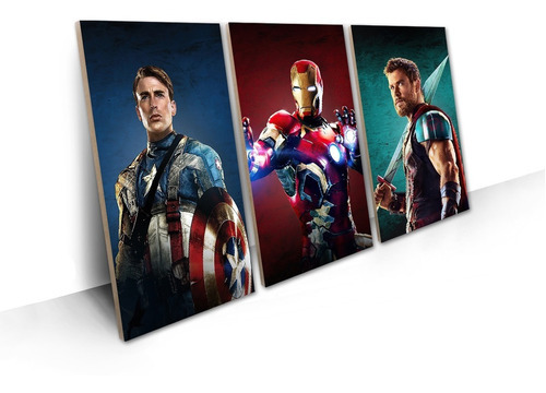 Quadro Decorativo Homem De Ferro Thor Capitão América Marvel Cor Colorido Cor Da Armação Madeira Natural