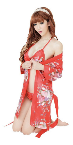Kimono Brasier Y Tanga Rojo Lencería Sexy Hot Ropa Interior