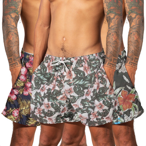 Kit 3 Shorts Bermuda Estampada 2 Bolsos Cordão Praia 386