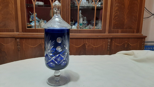 Antigua Caramelera Bombonera Potiche En Cristal Tallado Azul