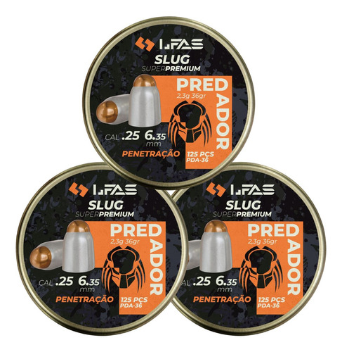 3x Chumbinho 6.35 Slug Predador Ponta De Aço 36gr 375u Lfas