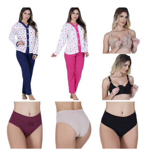 Kit Amamentação 2 Pijama Botão Inverno + 2 Sutiã +3 Calcinha