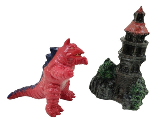 Figura Adorno Acuario Resina Set Kaiju Y Torre