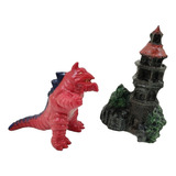 Figura Adorno Acuario Resina Set Kaiju Y Torre