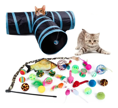 Juguetes Para Gatos Con Túnel Pluma Ratón Pez Y Bolas 27pcs