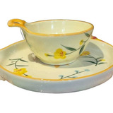 Kit Bandeja Bowl Cerâmica Amarelo Floral Servir Frios Mesa