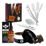 Kit Barbería Cepillo Aceite De Barba Navaja Cera Cabello