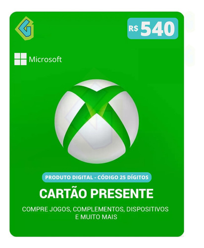 Gift Card Xbox Cartão Presente Microsoft Live R$ 540 Reais