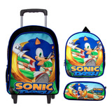 Kit Mochila Escolar Infantil Sonic Azul Com Rodinhas